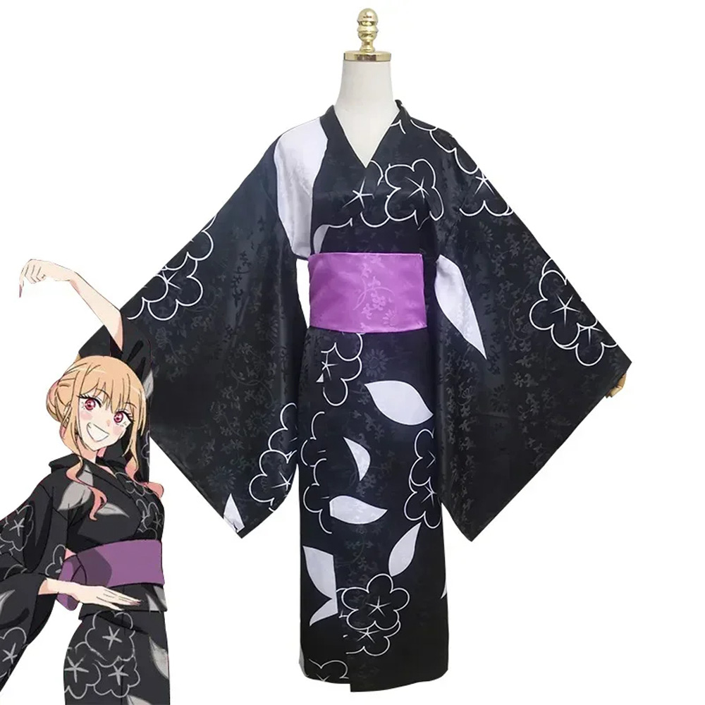 Anime My Dress Up Darling Marin Kitagawa Cosplay Costume Cute Black Japanese Kimono Suit Halloween Party Role Play Uniforms