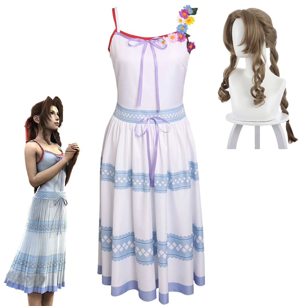 Final Fantasy VII Aerith Gainsborough Cosplay Costume Wig Game Fantasy Women Dress Carnival Clothing