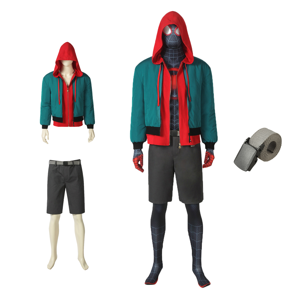 Spider-Man: Into the Spider-Verse Miles Morales Coat, Pants And Belt  Cosplay Costume Halloween Costume Sets J4362