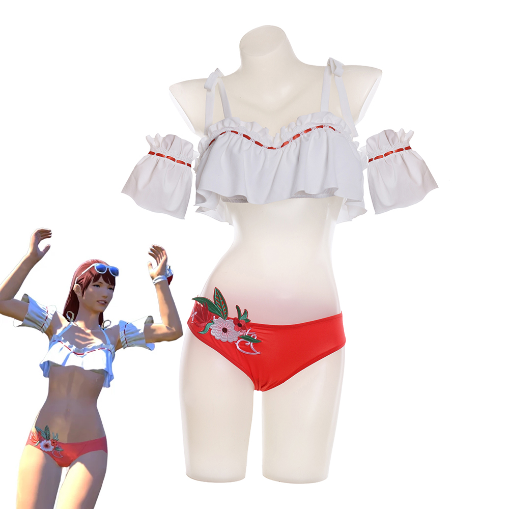 Summer Swimsuit Final Fantasy 14 Cosplay Swimsuit With Glasses Sexy Cute Embroidered Bikini Set Beachwear