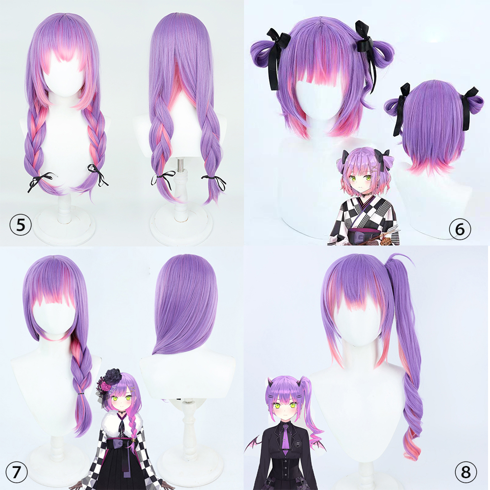 VTuber Tokoyami Towa Cosplay Wig for Girls Pigtails Short Hair Bun Hololive Idol Purple Mixed Pink Long Straight Hats