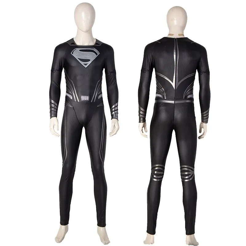 Justice League Superman Clark Kent Black Battle Suit Halloween Cosplay Costume Full Set DC Movie