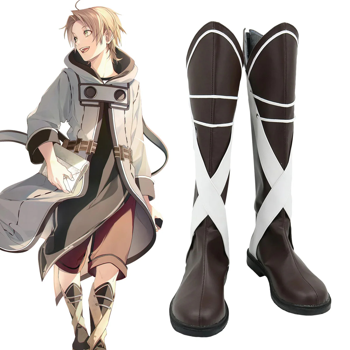 Mushoku Tensei: Jobless Reincarnation Rudeus Greyrat Brown White Shoes Cosplay Boots