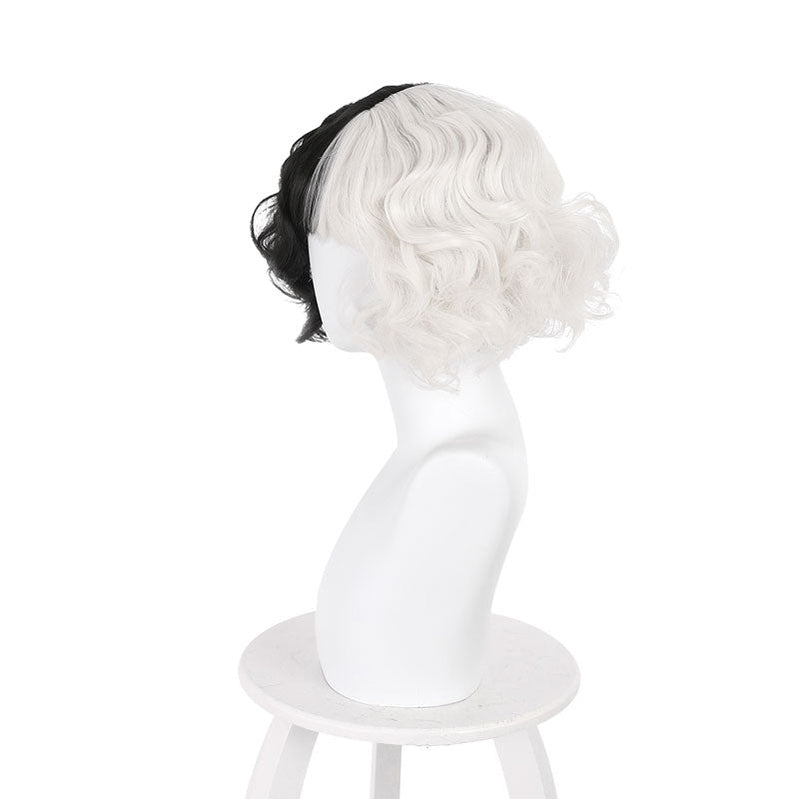 Movie Cruella Cruella De Vil Black White Bangs Curly Cosplay Wigs