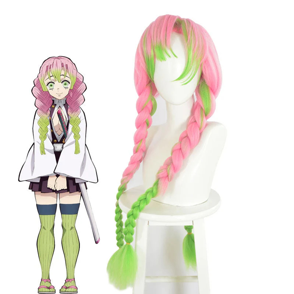 Anime Demon Slayer: Kimetsu no Yaiba Mitsuri Kanroji Cosplay Wig Pink Mixed Green Weave Long Wigs
