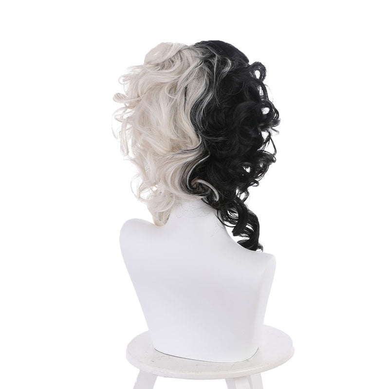 Movie Cruella Cruella De Vil Black White Center Bangs Curly Cosplay Wigs