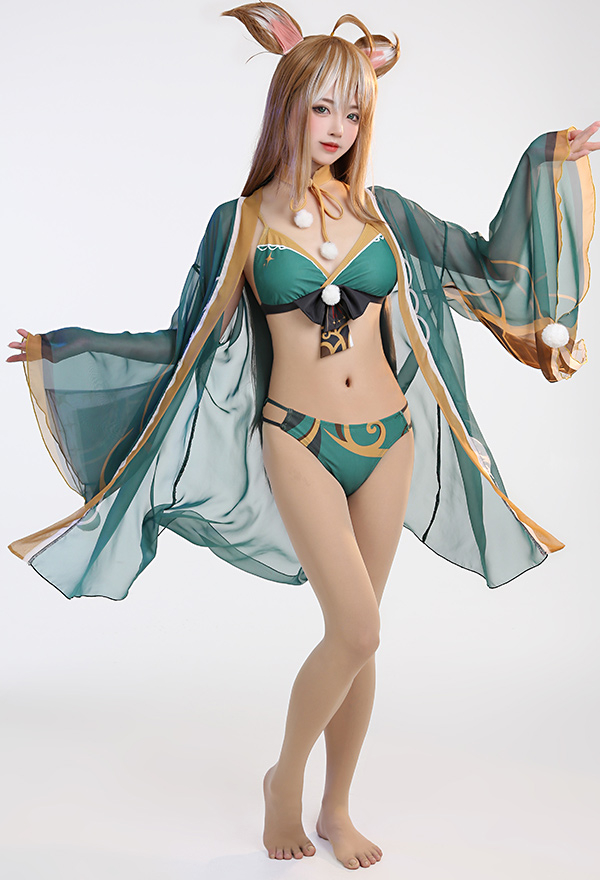 Anime New Skin Swimsuit Bikini With Kimono Cover Up Women Venti Hutao Cosplay Swimwear 