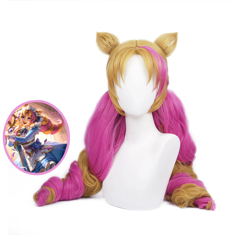 Game LOL Cafe Cutie Gwen Red & Blonde Twist Braid Cosplay Wigs With Ears