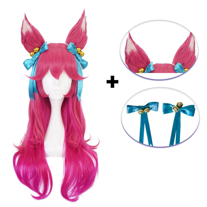Game LOL Spirit Blossom Skin Ahri 80cm Long Red Gradient Purple Wavy Cosplay Wigs with Headwear