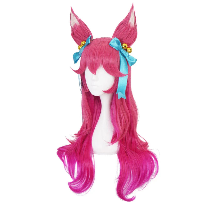 Game LOL Spirit Blossom Skin Ahri 80cm Long Red Gradient Purple Wavy Cosplay Wigs with Headwear