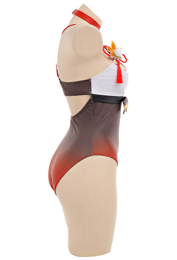 Genshin Impact Kaedehara Kazuha Derivative Swimsuit Deep V One-Piece Swimwear and Cover-up with Choker and Clip 