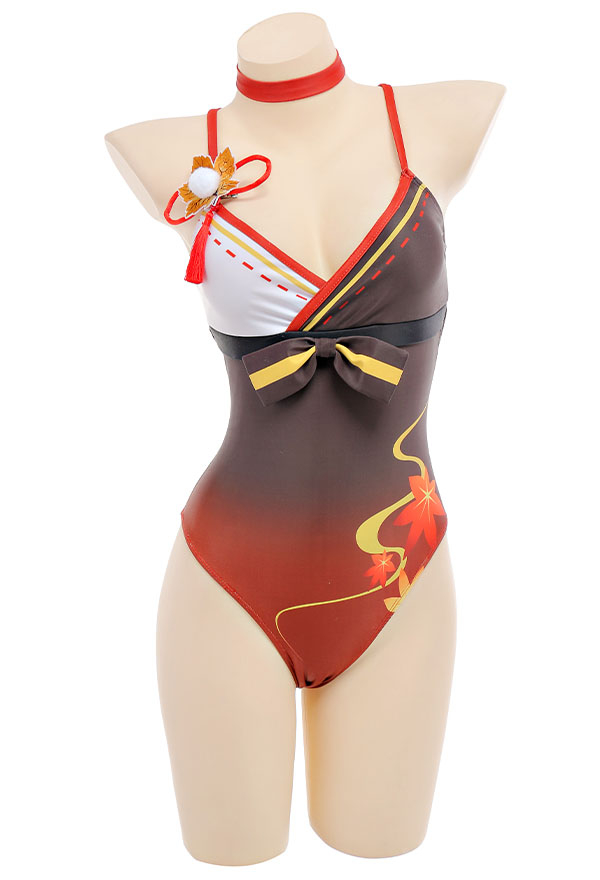 Genshin Impact Kaedehara Kazuha Derivative Swimsuit Deep V One-Piece Swimwear and Cover-up with Choker and Clip 