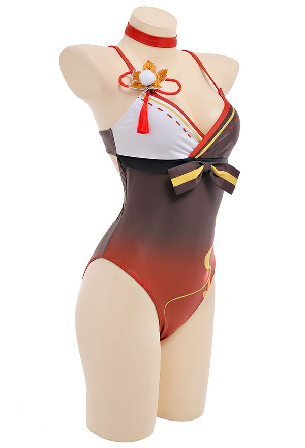 Genshin Impact Kaedehara Kazuha Derivative Swimsuit Deep V One-Piece Swimwear and Cover-up with Choker and Clip 