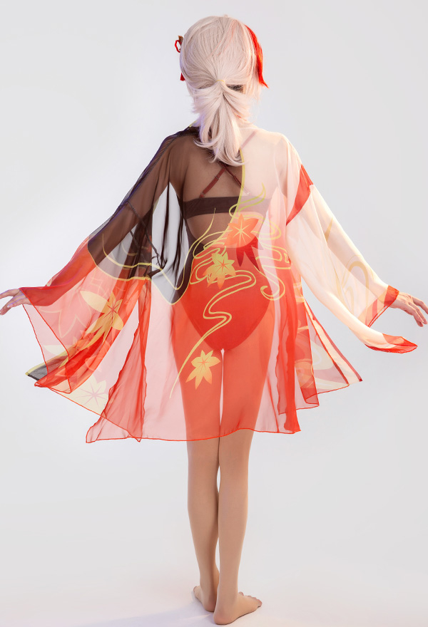 Genshin Impact Kaedehara Kazuha Derivative Swimsuit Deep V One-Piece Swimwear and Cover-up with Choker and Clip 