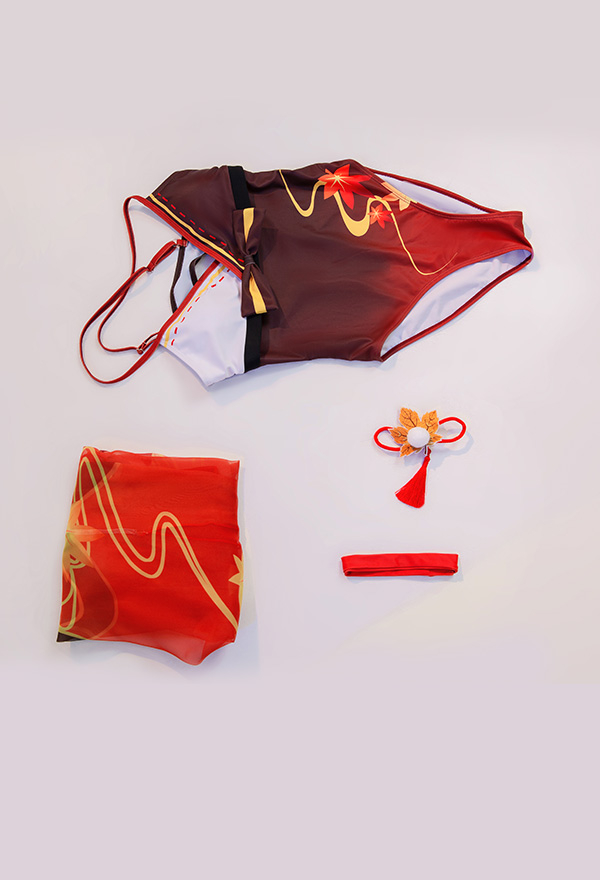 Genshin Impact Kaedehara Kazuha Derivative Swimsuit Deep V One-Piece Swimwear and Cover-up with Choker and Clip 