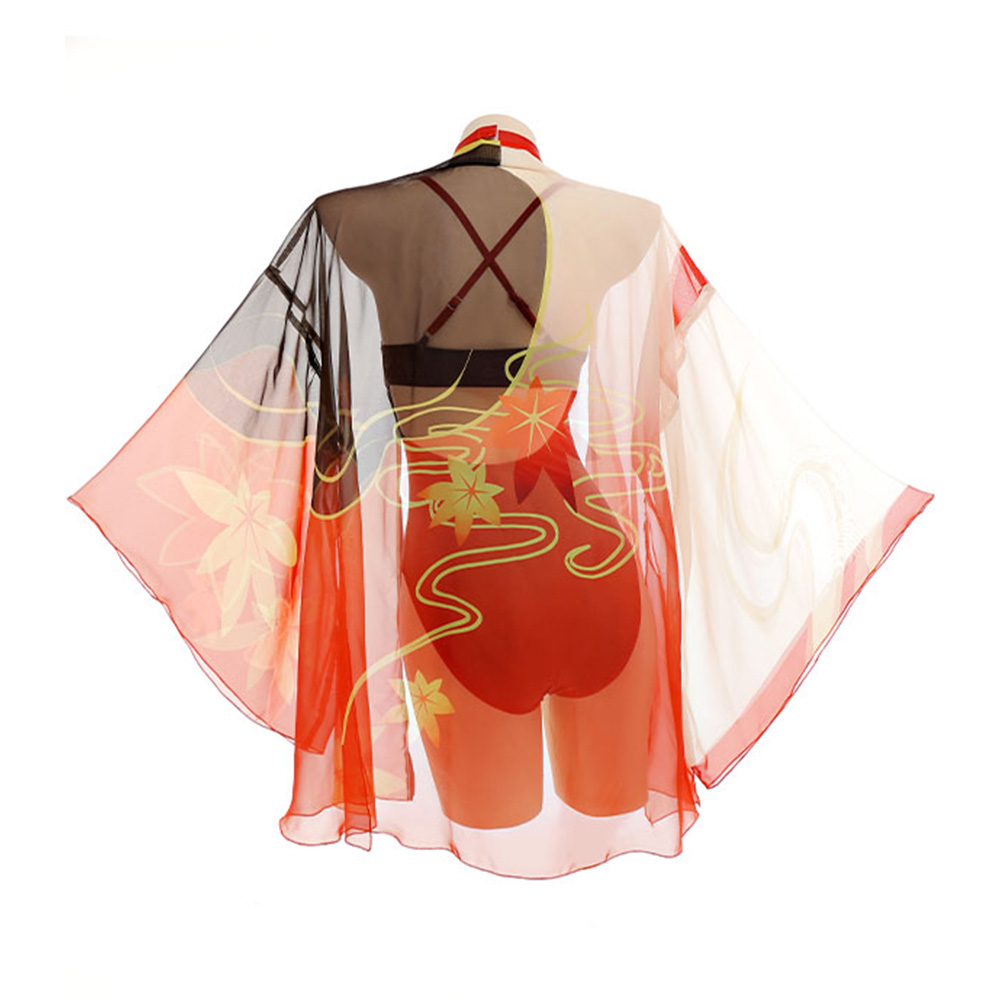 Genshin Impact Kaedehara Kazuha Derivative Swimsuit Deep V One-Piece Swimwear and Cover-up with Choker and Clip 