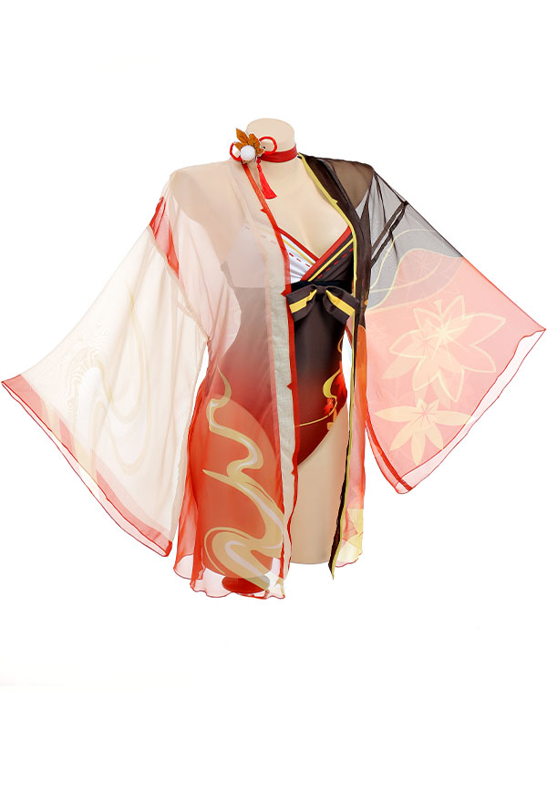 Genshin Impact Kaedehara Kazuha Derivative Swimsuit Deep V One-Piece Swimwear and Cover-up with Choker and Clip 