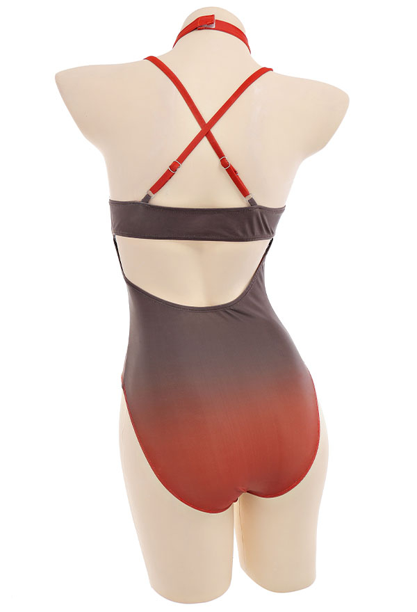 Genshin Impact Kaedehara Kazuha Derivative Swimsuit Deep V One-Piece Swimwear and Cover-up with Choker and Clip 