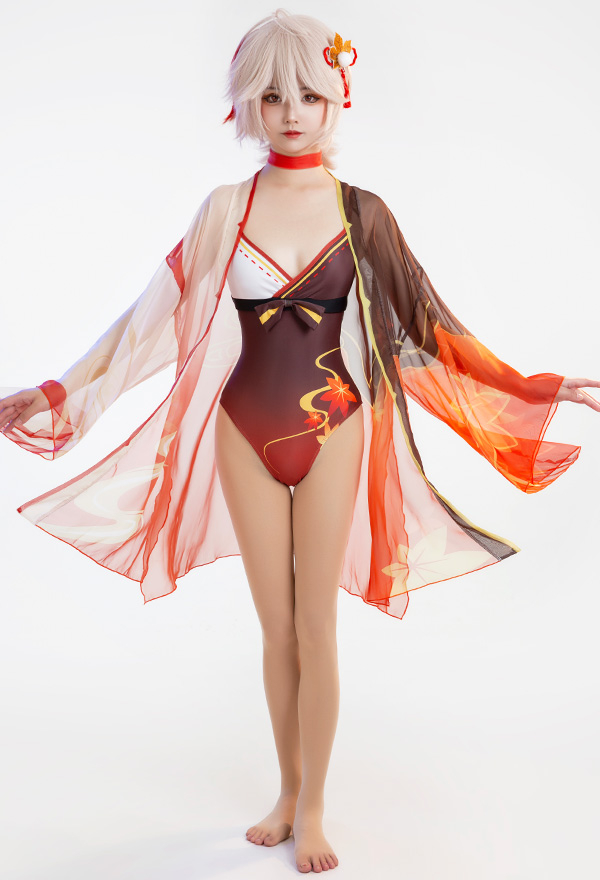 Genshin Impact Kaedehara Kazuha Derivative Swimsuit Deep V One-Piece Swimwear and Cover-up with Choker and Clip 