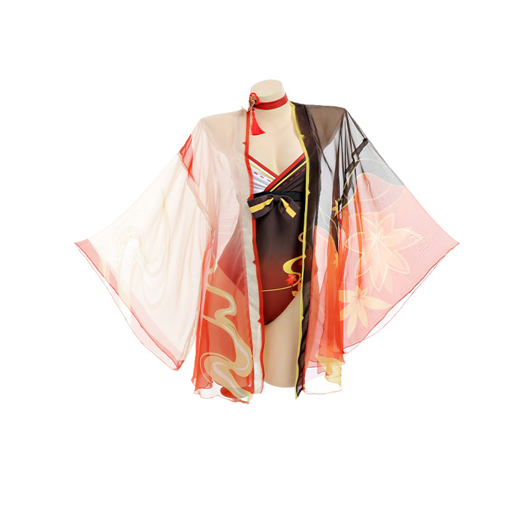 Genshin Impact Kaedehara Kazuha Derivative Swimsuit Deep V One-Piece Swimwear and Cover-up with Choker and Clip 