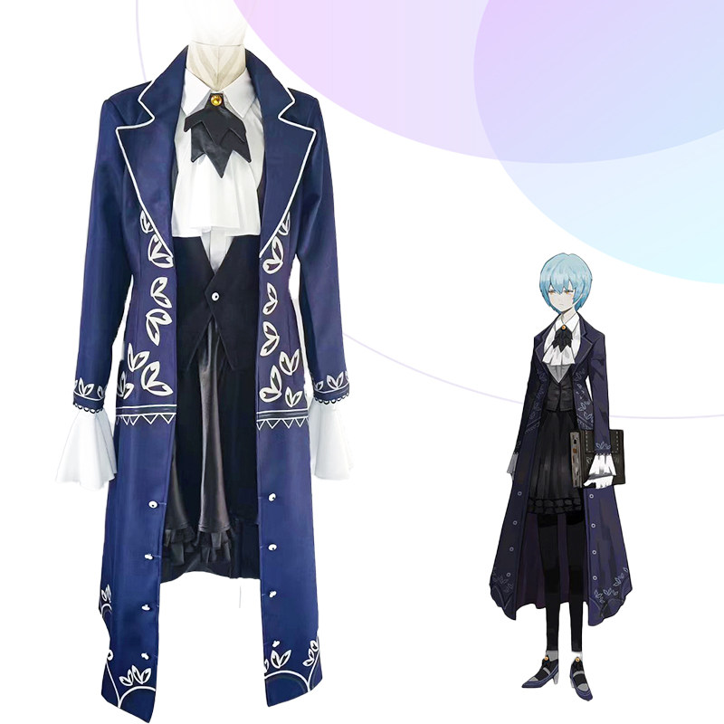 Library Of Ruina Angela Cosplay Costume Blue Long Gothic Coat Black PU Short Skirt 