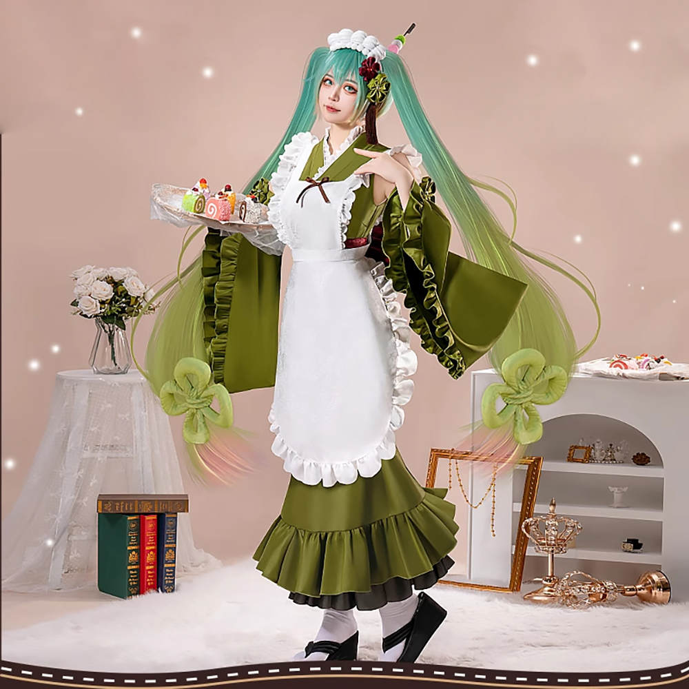 Hatsune Miku Vocal Cosplay Costume Matcha Green Tea Dress and pink Dress,Wig