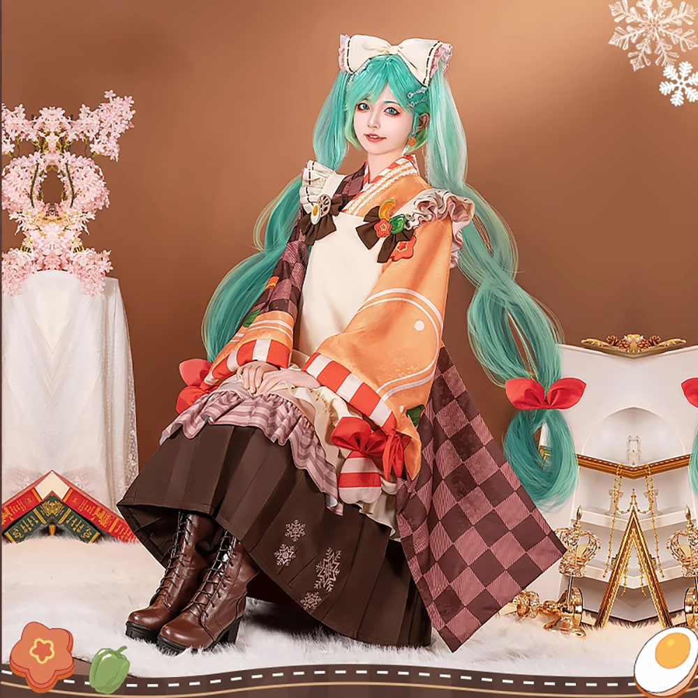 Hatsune Miku Snow Japanese Style Cosplay Costume Top and Skirt with Apron and Hair Accessories
