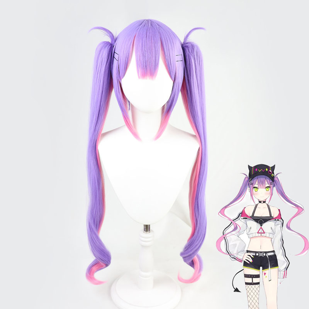 VTuber Tokoyami Towa Cosplay Wig for Girls Pigtails Short Hair Bun Hololive Idol Purple Mixed Pink Long Straight Hats