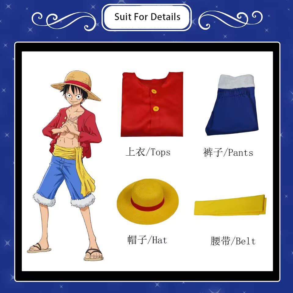 Anime One Piece Monkey D. Luffy Cosplay Costumes Shirt Pants hat Summer Clothing Set for Halloween Party Christmas