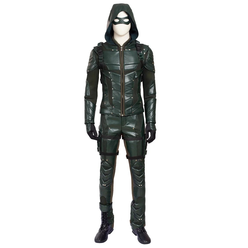 The Arrow Season 5 Green Arrow Cosplay Costume Oliver Quee Outfit Halloween Costumes Men Leather Pantsfantasias adulto masculino DC Movie Type