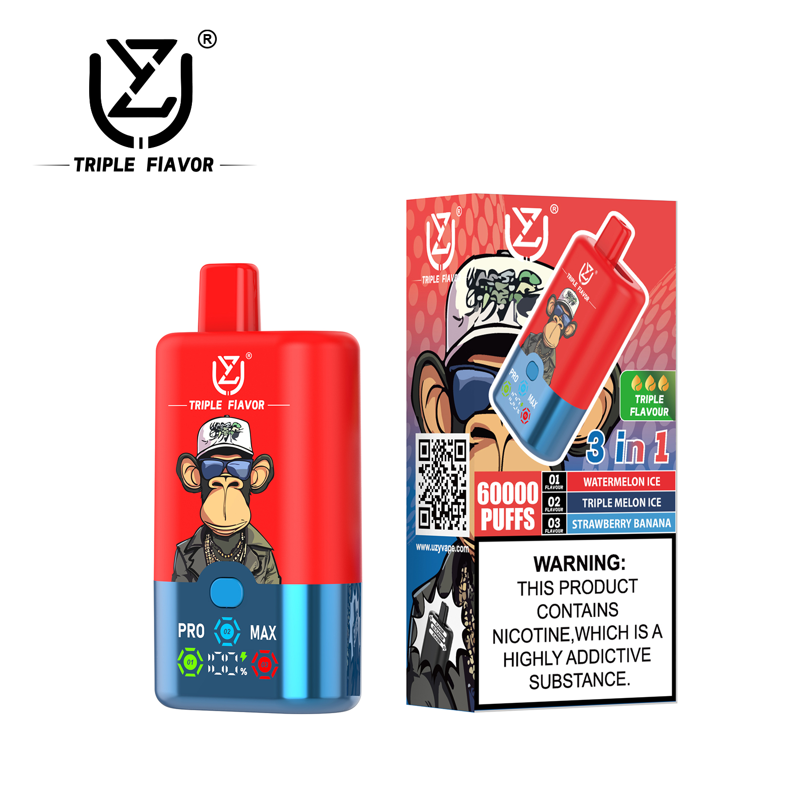 UZY Triple Flavor 60000 Puffs Vape 3 in 1 Disposable E Cigarette with Smart LED Display