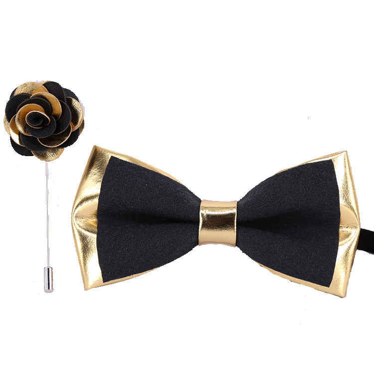Black Gold Leather Bow Tie T2004