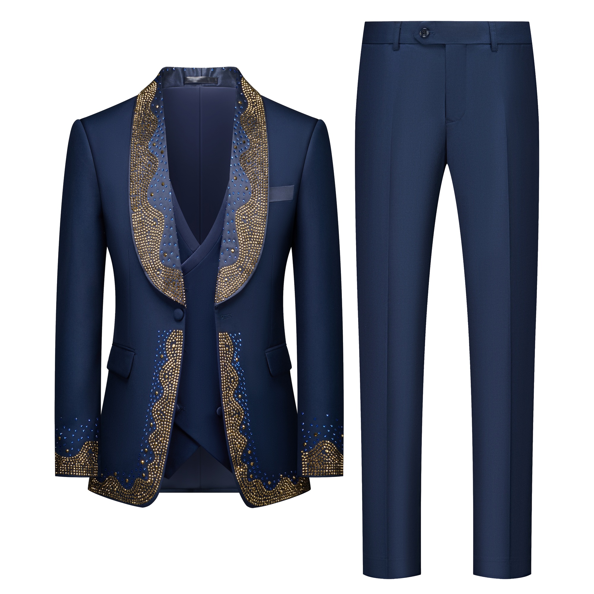 Front view of a men's navy blue 3-piece suit with gold and blue rhinestone embellishments on the shawl lapel, vest, and