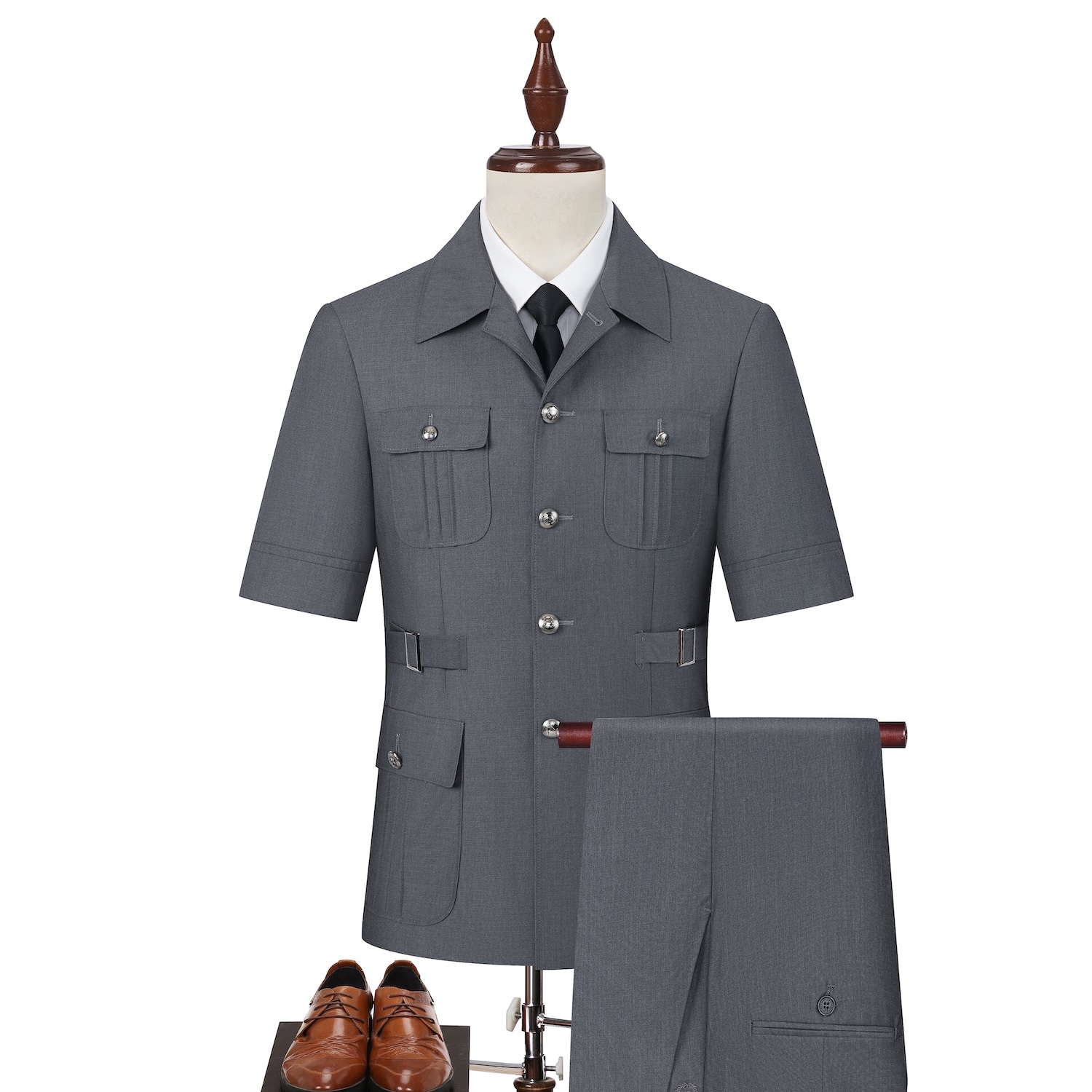 Grey Multi-pocket Short-sleeved Suit S8639