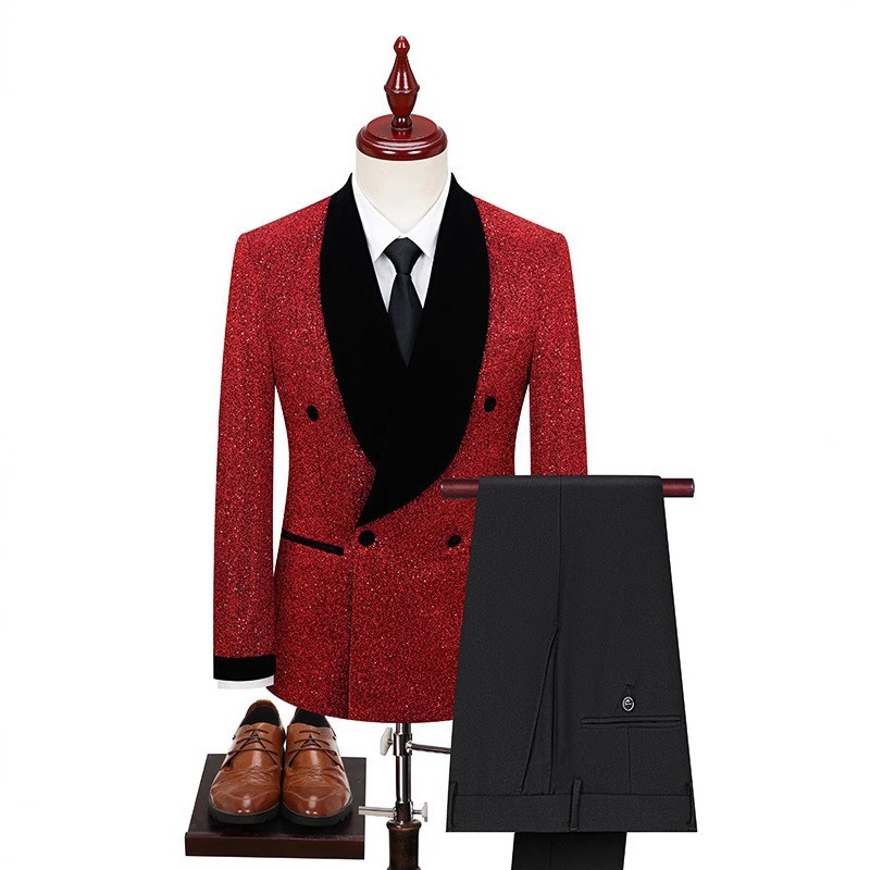 Doohoob White Velvet Lapel Suit S8630