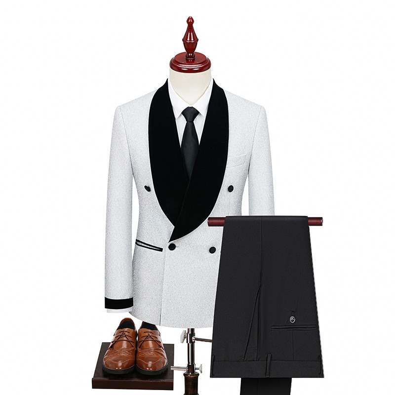 Doohoob White Velvet Lapel Suit S8630