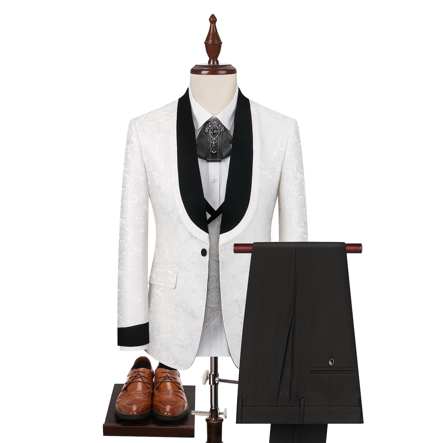 White Black Velvet Collar Suit S8635