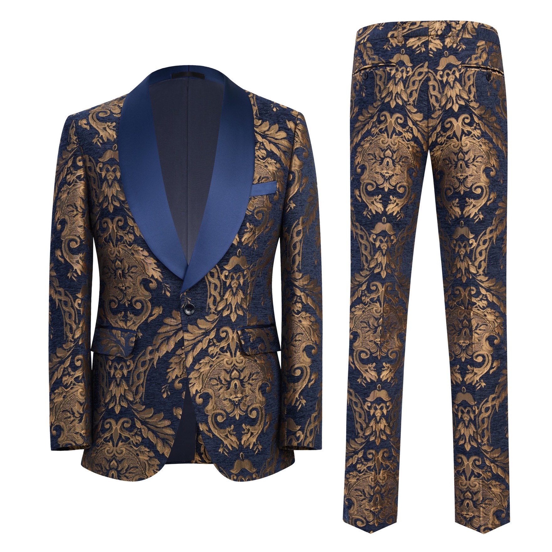 Men's navy blue and gold baroque jacquard suit jacket with a satin blue shawl lapel and matching trousers.