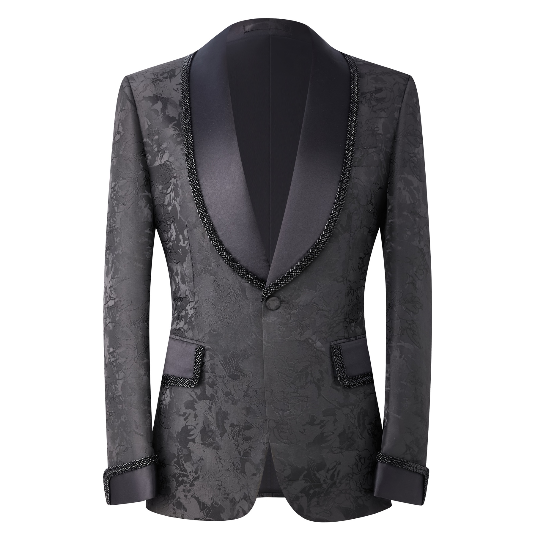Men's black jacquard suit jacket with beaded shawl lapel and satin trim pockets, front view on a mannequin.