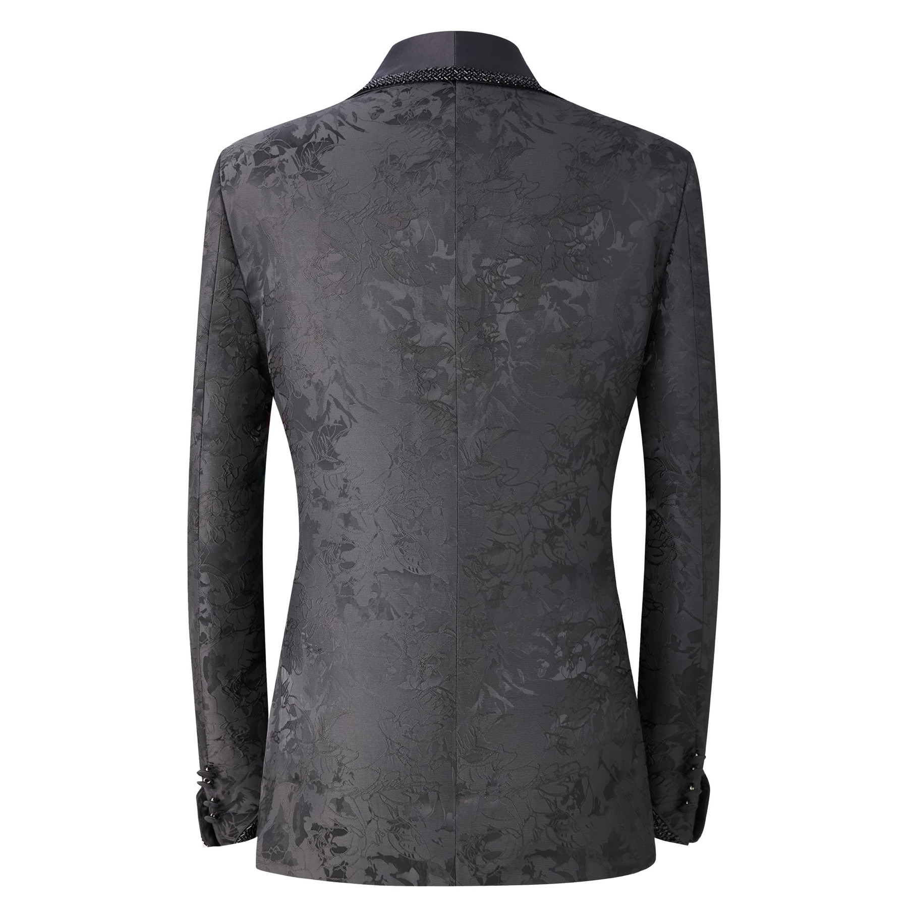 Men's black jacquard suit jacket with beaded shawl lapel and satin trim pockets, front view on a mannequin.