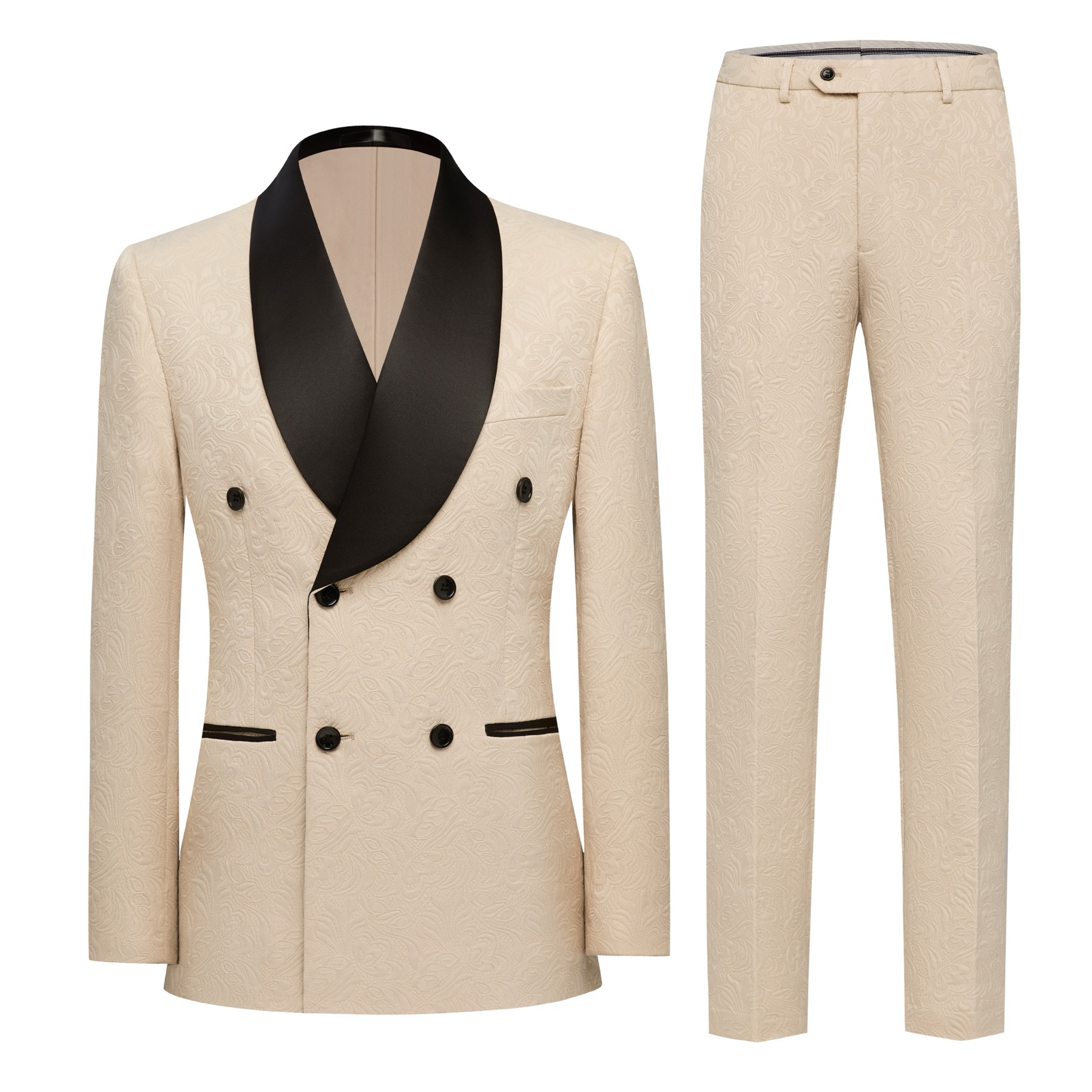 Front view of a men's beige jacquard double-breasted suit with black satin shawl lapel and matching trousers.