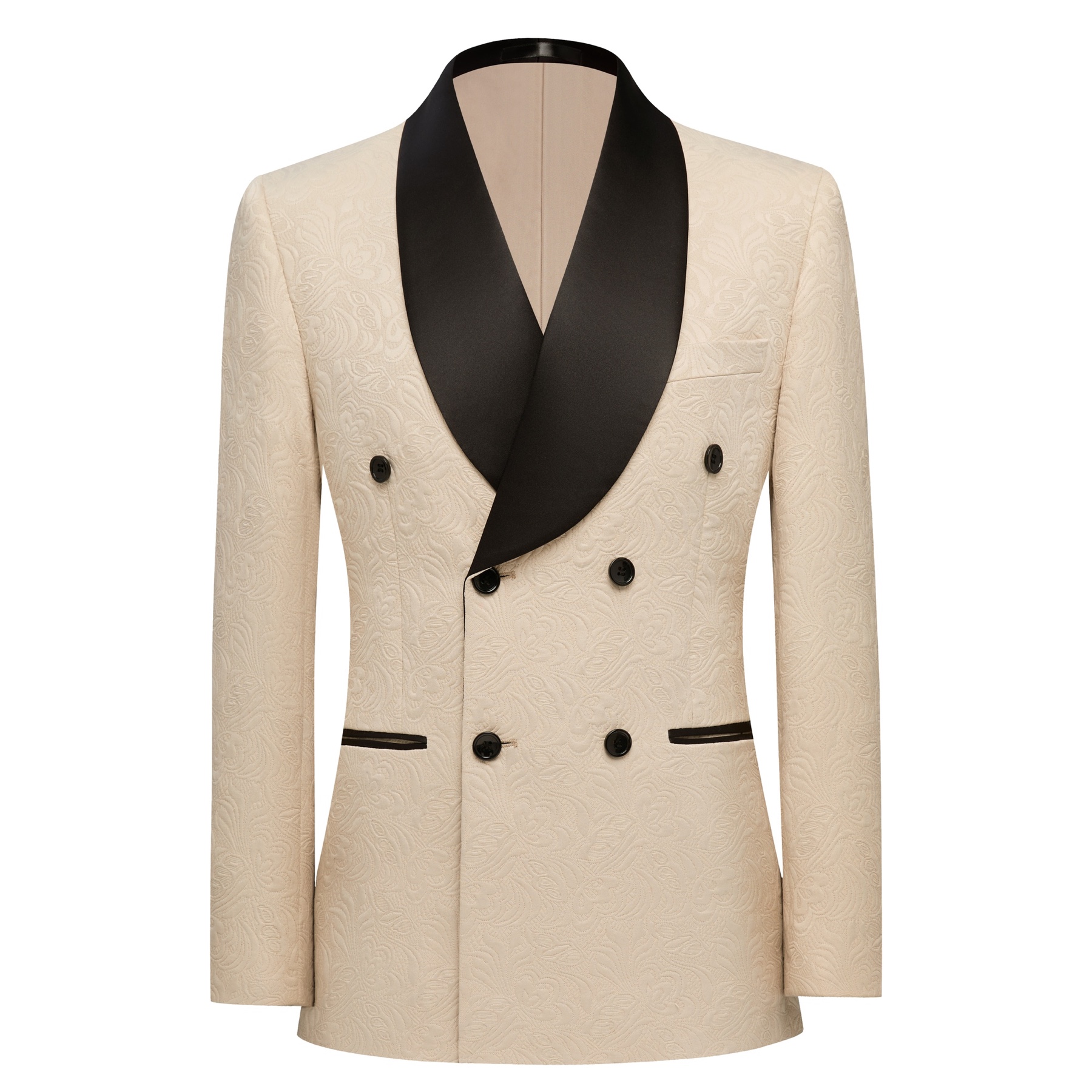 Front view of a men's beige jacquard double-breasted suit with black satin shawl lapel and matching trousers.