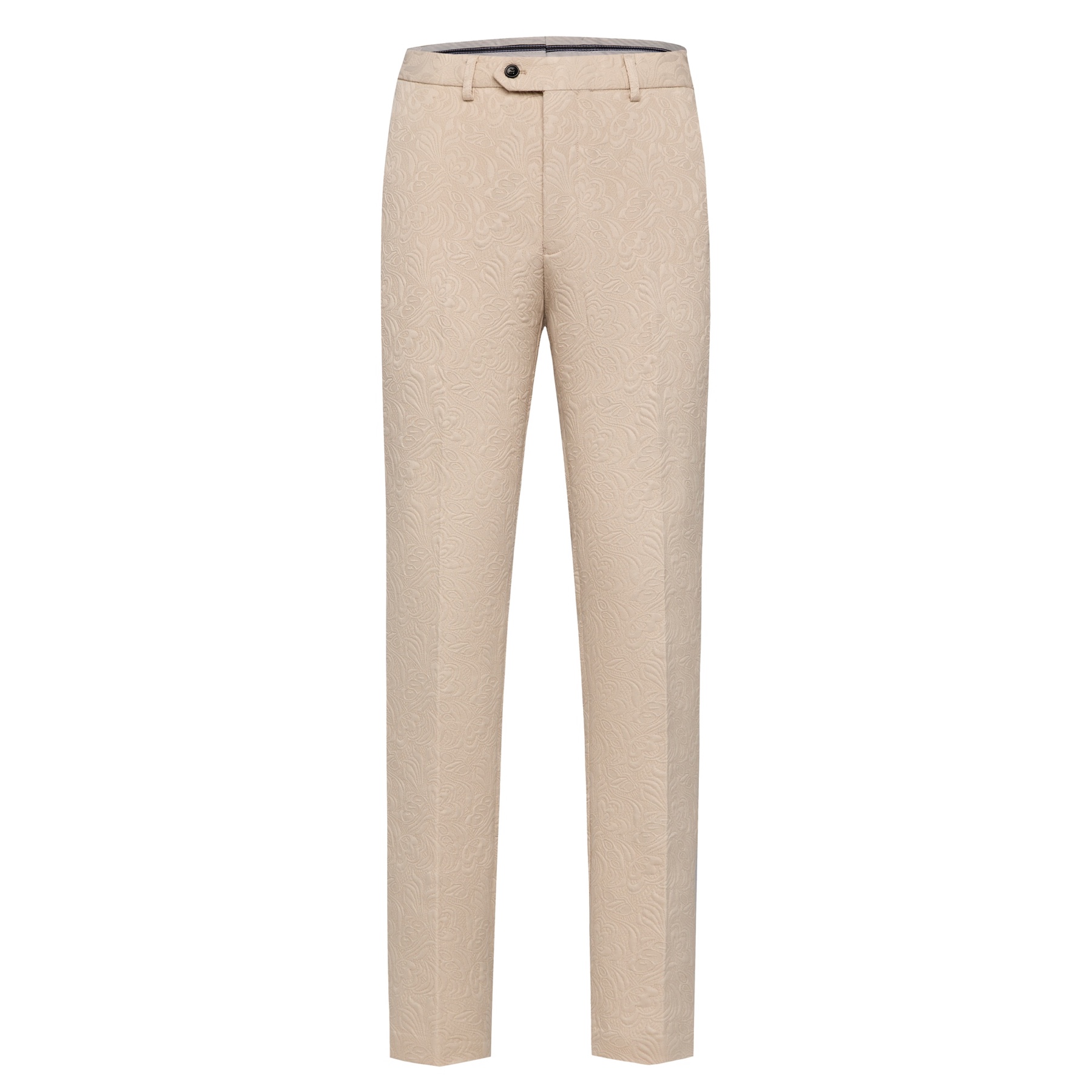 Front view of a men's beige jacquard double-breasted suit with black satin shawl lapel and matching trousers.