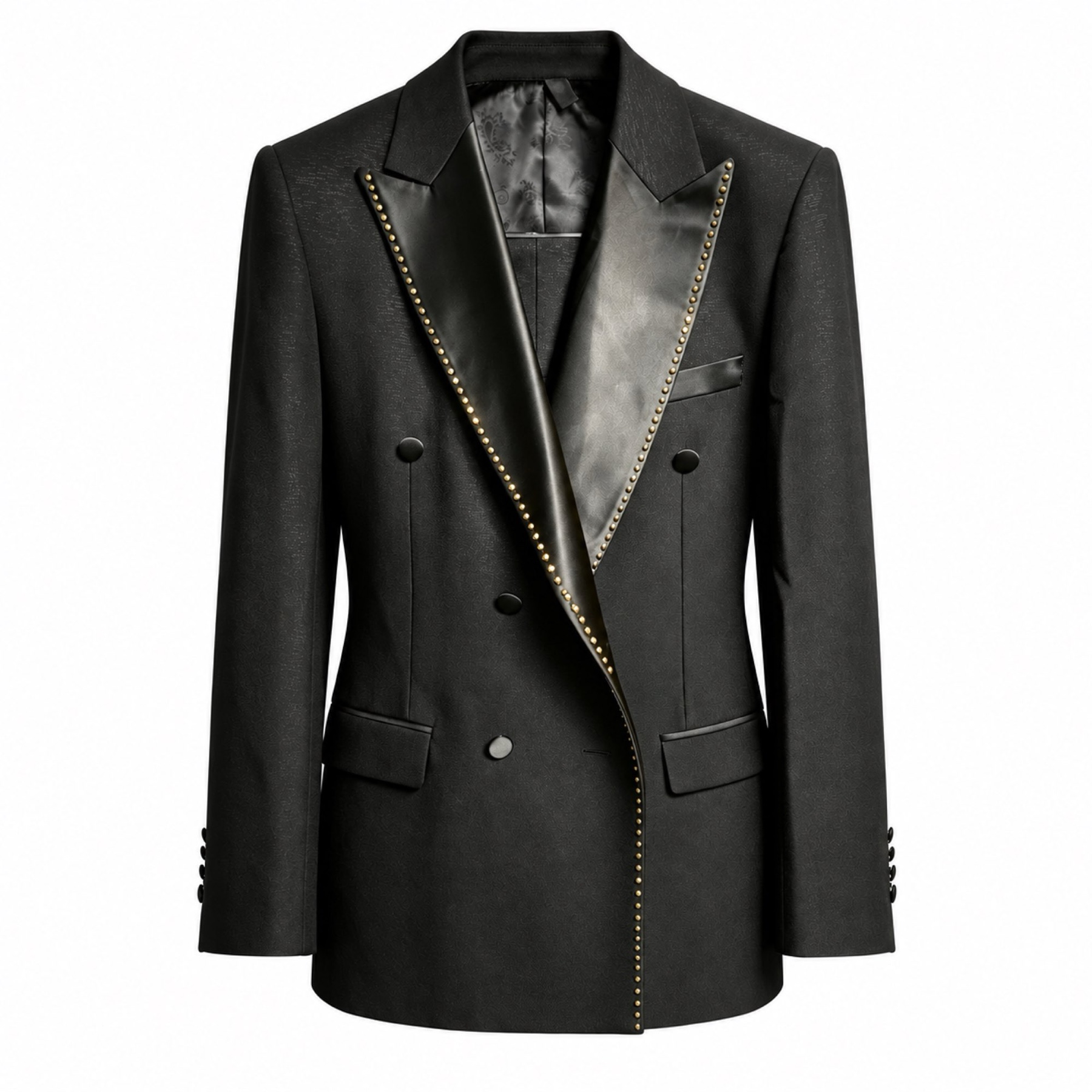 Men's black double-breasted blazer with gold studded shawl lapels and matching trousers