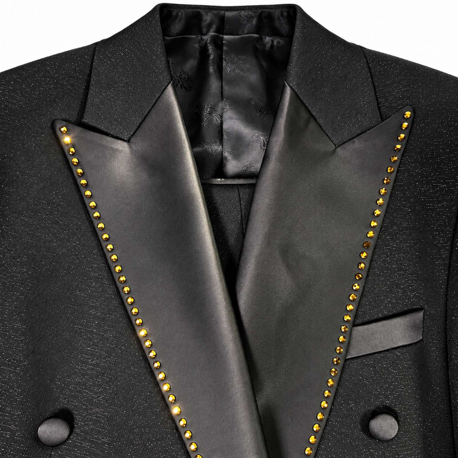 Men's black double-breasted blazer with gold studded shawl lapels and matching trousers
