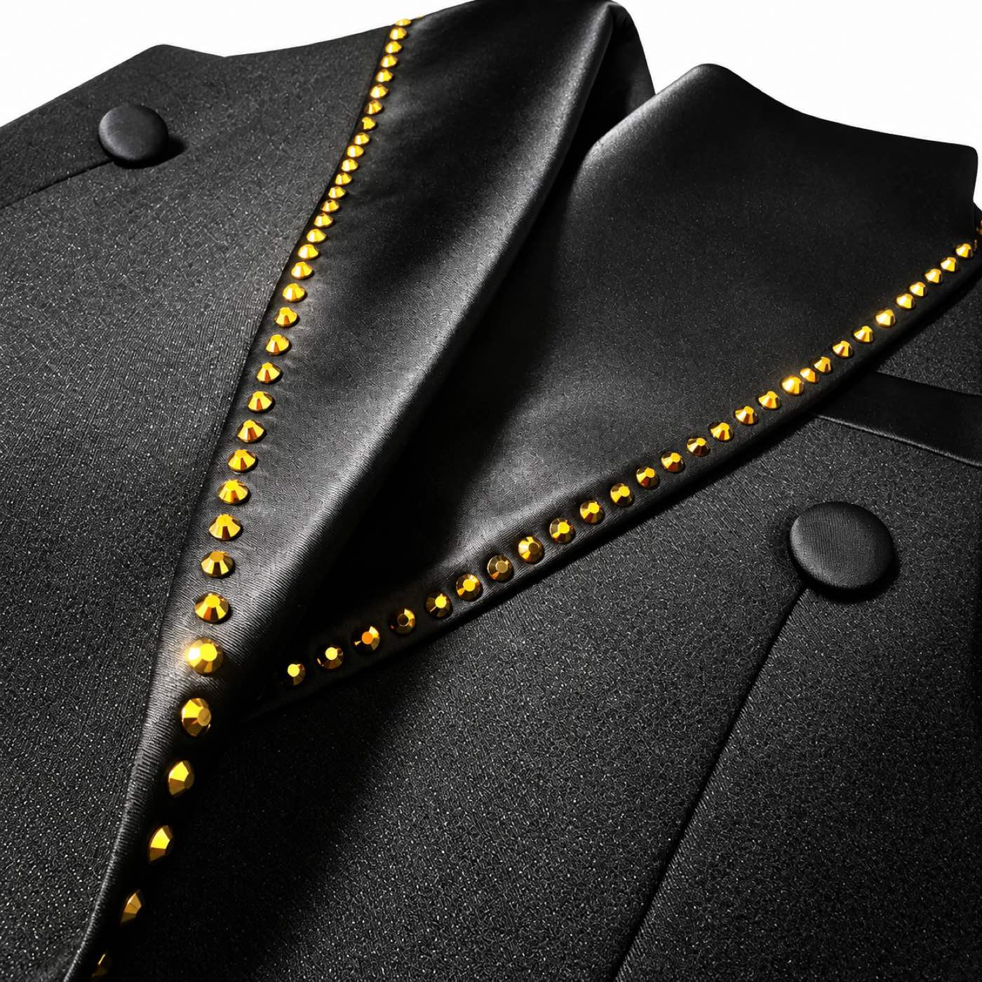 Men's black double-breasted blazer with gold studded shawl lapels and matching trousers