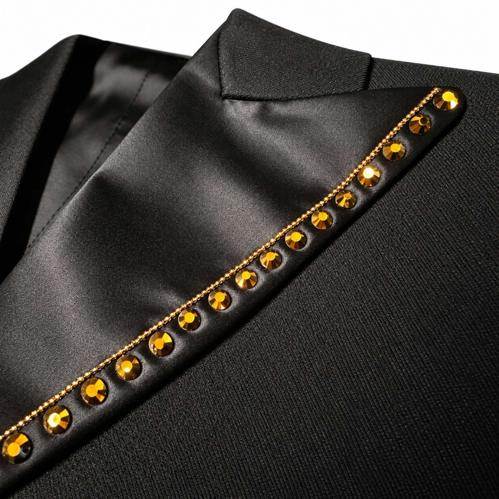 Men's black double-breasted blazer with gold studded shawl lapels and matching trousers