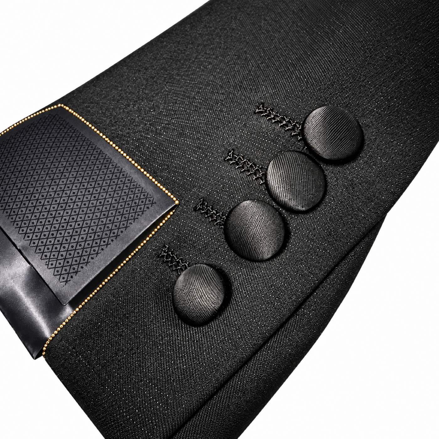 Men's black double-breasted blazer with gold studded shawl lapels and matching trousers