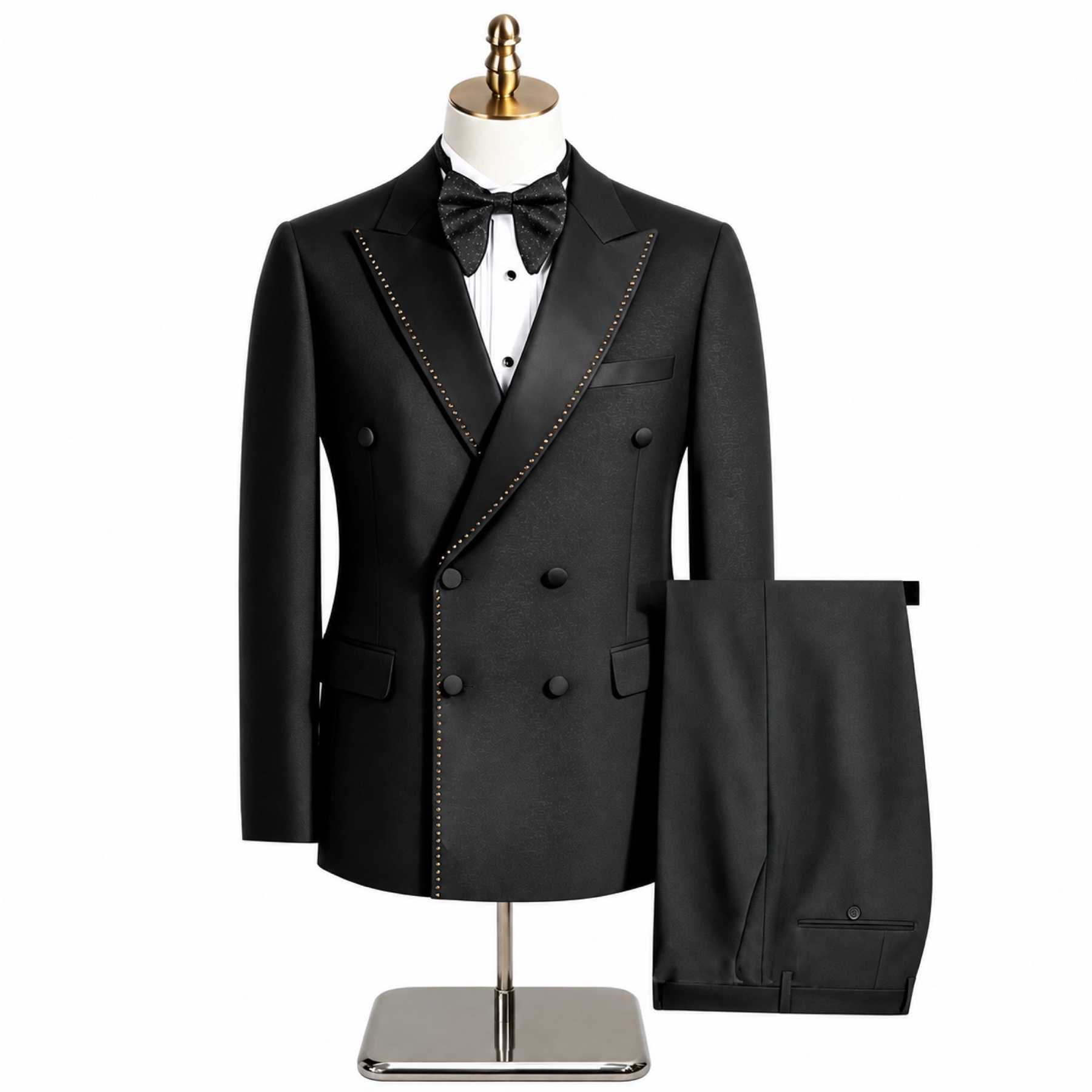 Men's black double-breasted blazer with gold studded shawl lapels and matching trousers