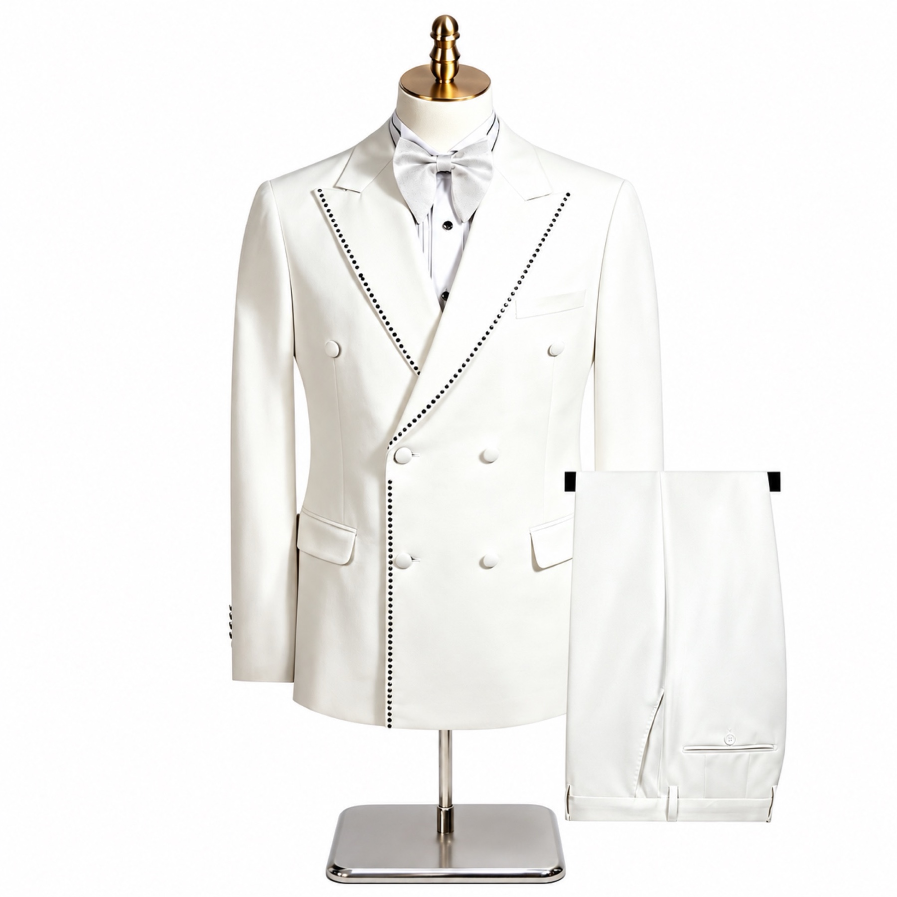 Men's black double-breasted blazer with gold studded shawl lapels and matching trousers